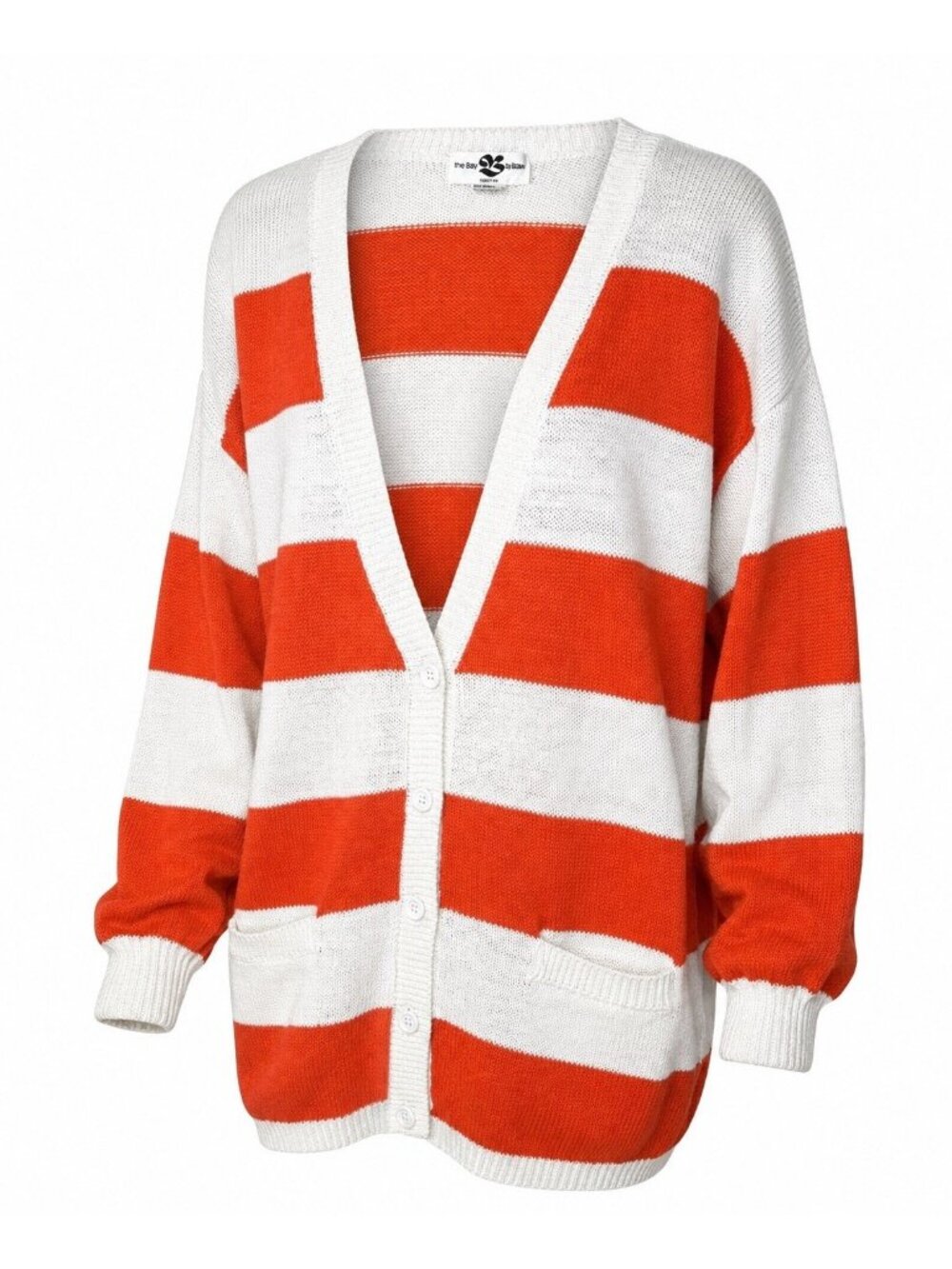 VTG Hudson's Bay Knit Cardigan Womens L Orange White Stripe Ramie Korea Retro